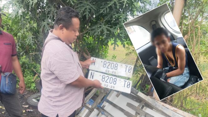 
					DITANGKAP: Pelaku A-R dan polisi saat mengecek plat pikap yang dicuri pelaku. (foto: Moh. Rois)