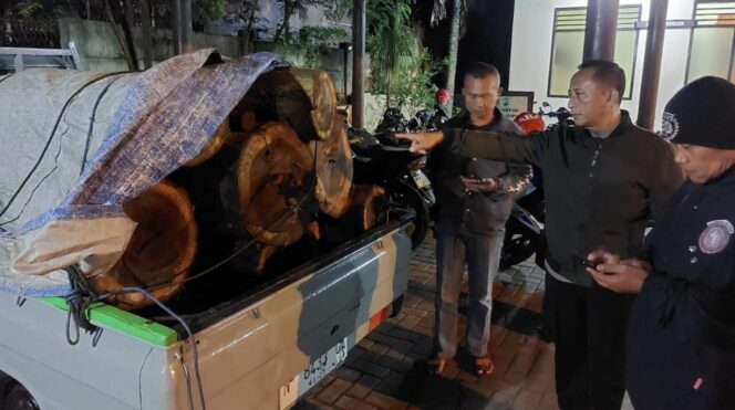 
					DIAMANKAN: Polisi menunjukkan kayu sonokeling dan pikap yang diduga hasil pembalakan liar. (foto: Moh. Rois)