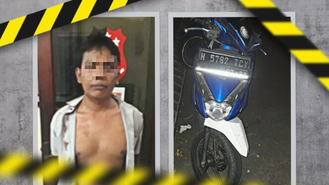 
					TERTANGKAP: Maling motor yang ditangkap warga di Pandaan, Pasuruan, dan barang buktinya. (foto: Moh. Rois)