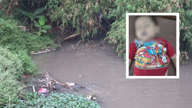 
					MENINGGAL: Lokasi ditemukannya jasad korban di aliran Sungai Welang. Kondisi korban (insert)