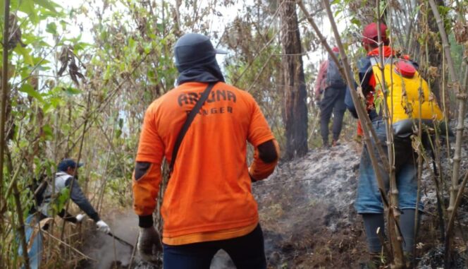 
					KERJA KERAS: Upaya pemadaman api oleh petugas gabungan di hutan Gunung Arjuno. (foto: Moh. Rois)