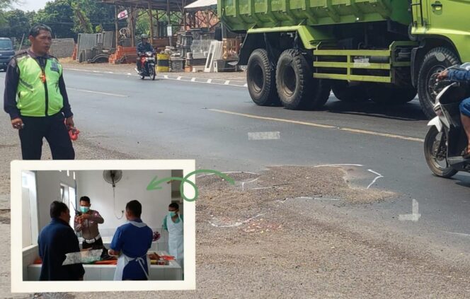 
					TABRAK LARI: Lokasi dua pemotor saat dilindas truk. (Insert) Korban meninggal di kamar jenazah RSUD dr. Mohamad Saleh. (foto: Hafiz Rozani)