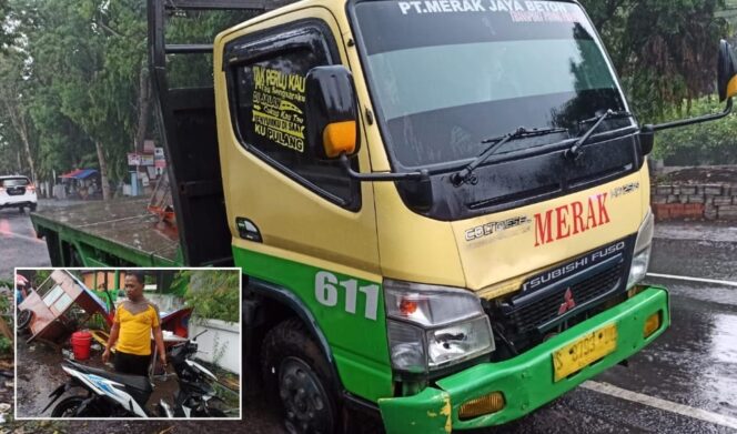 
					Truk alami pecah ban di jalur wisata Bromo Pasuruan sehingga menabrak pemotor dan gerobak PKL (insert). (foto: Moh. Rois)