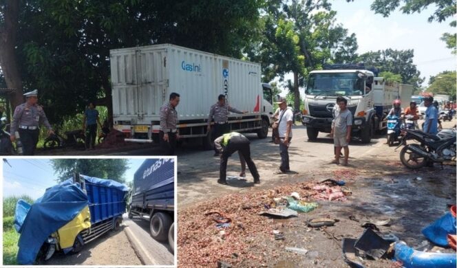 
					LAKA MAUT: Polisi melakukan olah TKP kecelakaan yang melibatkan pikap dengan truk. (Insert) Kondisi pikap yang menjadi biang kecelakaan. (Foto: Hafiz Rozani).