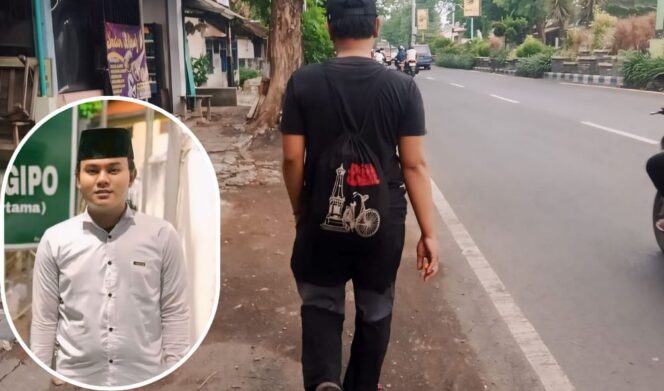 
					JALAN KAKI: Muhammad Rizal Ali, warga Jl. Musi, Kelurahan Jrebeng Kulon, Kecamatan Kedopok, Kota Probolinggo, saat berjalan kaki menuju Pesantren Zainul Hasan Genggong. (foto: Haliza).