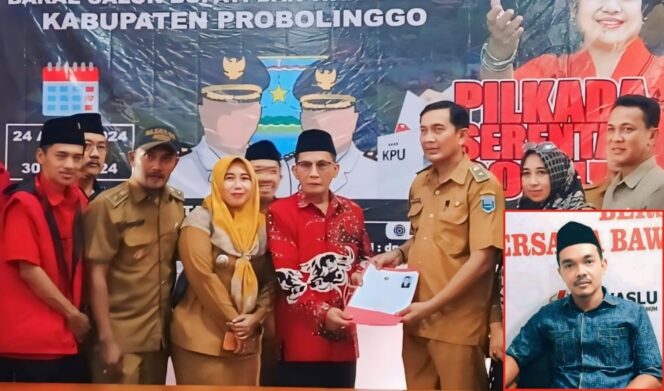 
					DIMINTA MUNDUR: Kades Sumberlele, Supriyanto, saat menyerahkan formulir pendaftaran bacakada di kantor DPC PDI Perjuangan. Insert: Ketua Bawaslu Kabupaten Probolinggo, Yonki Hendriyanto. (foto: Ali Ya'lu)