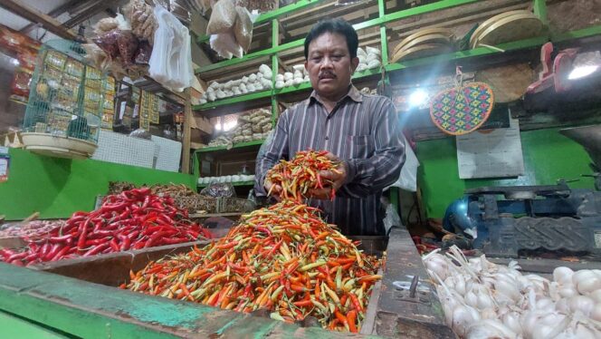 
					PEDAGANG KOMODITAS DAPUR: Su'eb, pedagang Pasar Baru sedang merapikan cabai rawit. (foto: Hafiz Rozani)