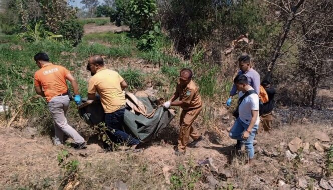 
					EVAKUASI: Anggota Polres Pasuruan Kota dibantu warga mengevakuasi mayat yang ditemukan di Desa Sanganom, Kecamatan Nguling, Kabupaten Pasuruan, Selasa (6/8/24) pagi. (foto: Moh. Rois).