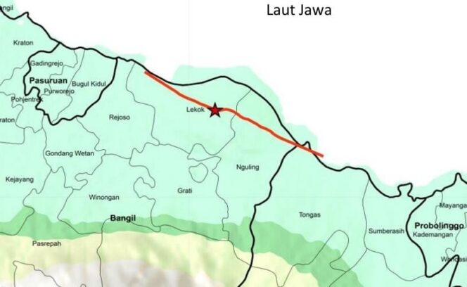 
					RAWAN GEMPA: Garis sesar aktif (merah) yang membentang di Kecamatan Lekok hingga Nguling, Kabupaten Pasuruan. (foto: rilis BMKG).