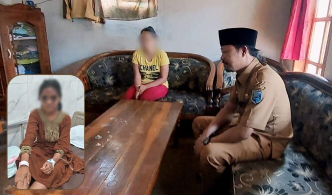 
					GANGGUAN JIWA: Orang tua IS saat berbincang dengan Kepala Desa Ngepung. Insert: IS menjalani perawatan medis akibat lebam pada bagian wajahnya. (foto: Hafiz Rozani)