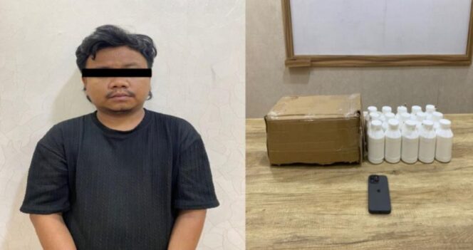 
					DIRINGKUS: Pelaku pengedar pil koplo dan barang bukti yang berhasil diamankan Satreskoba Polres Pasuruan. (foto: Moh. Rois)
