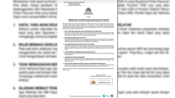 
					Surat edaran resmi yang dikeluarkan Kapolres Pasuruan Kota AKBP Davis Busin Siswara terkait aturan keselamatan kegiatan Praonan 2025.