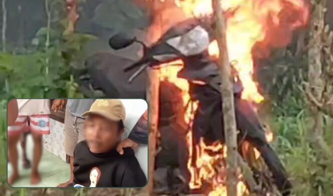
					Motor milik terduga maling kambing dibakar. Insert : Pelaku pencurian hewan saat dihajar massa. (Foto: Tangkapan layar).