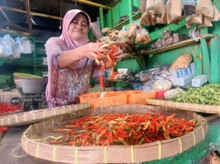 MURAH: Pedagang cabai di Pasar Baru Kota Probolinggo  sedang menunggu pembeli. (foto: Hafiz Rozani).
