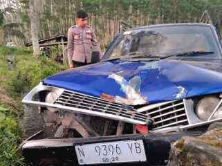 Pikap yang terlibat kecelakaan lalu lintas di JLS Pasirian, Lumajang. (Foto: Asmadi).