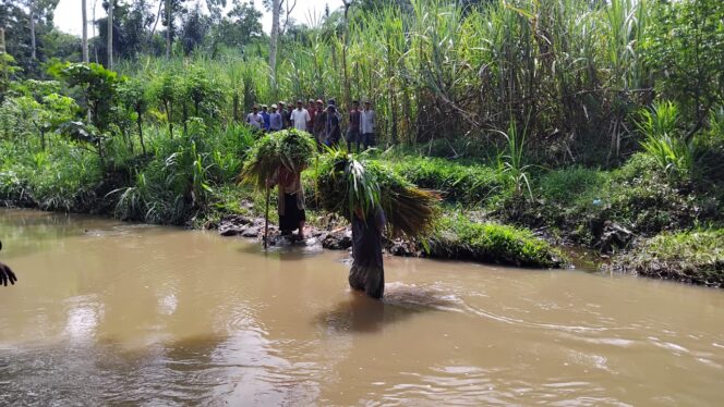 
					Saat para peternak hewan menyeberangi derasnya aliran sungai (Foto: Asmadi).