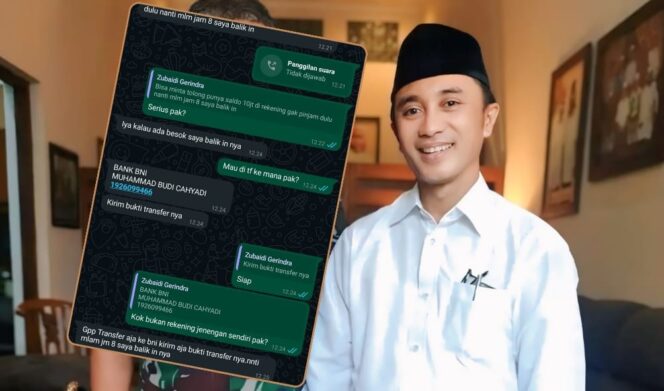 
					Wakil Ketua DPRD Kabupaten Probolinggo, Moh. Zubaidi. Insert: Tangkapan layar chatting WA saat pelaku meminta pinjaman uang dengan mengatasnamakan Zubaidi. (foto: Ali Ya'lu).
