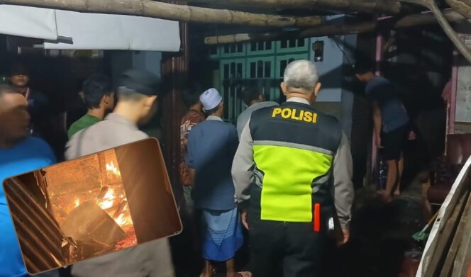 
					TERBAKAR: Proses pemadaman api oleh Tim Damkar di lokasi kebakaran, Kelurahan Pogar, Kec. Bangil, Kab. Pasuruan, Kamis (29/5/25) malam. Insert: Kobaran api. (foto: Moh. Rois).
