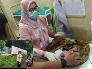GEGER: Bayi laki-laki saat diperiksa di Puskesmas Wangkal, Kec. Gading, Kab. Probolinggo. Insert: Lolasi penemuan. (Foto: istimewa)