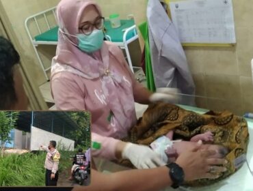 GEGER: Bayi laki-laki saat diperiksa di Puskesmas Wangkal, Kec. Gading, Kab. Probolinggo. Insert: Lolasi penemuan. (Foto: istimewa)
