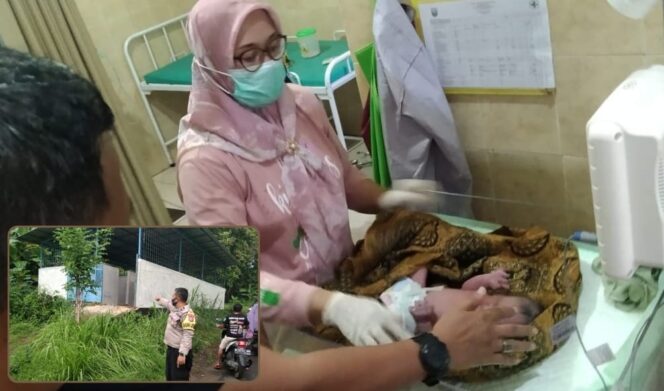 
					GEGER: Bayi laki-laki saat diperiksa di Puskesmas Wangkal, Kec. Gading, Kab. Probolinggo. Insert: Lolasi penemuan. (Foto: istimewa)