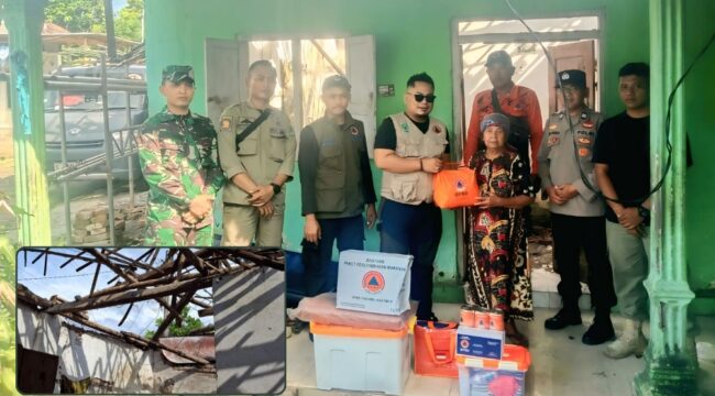 Tim gabungan BPBD Kabupaten Pasuruan, TNI, Polri menyerahkan bantuan logistik kepada Saenap (70), warga Dusun Bendungan, Desa Sruwi, Kecamatan Winongan, yang rumahnya roboh akibat cuaca ekstrem, Sabtu (17/5/2025). INSERT: Kondisi rumah yang roboh. (Foto: Moh Rois).