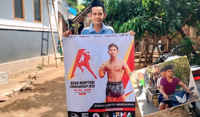 
					BANGGA: Ayah atlet Muaythai Dimas Lukito Wardhana, Bani Syarifuddin, menunjukkan banner foto dan medali yang diperoleh anaknya  saat juara Asian Muaythai Championship 2025 di Vietnam. Insert: Tangkapan layar video saat Dimas Lukito Wardhana diarak dengan gerobak. (foto: Hafiz Rozani).