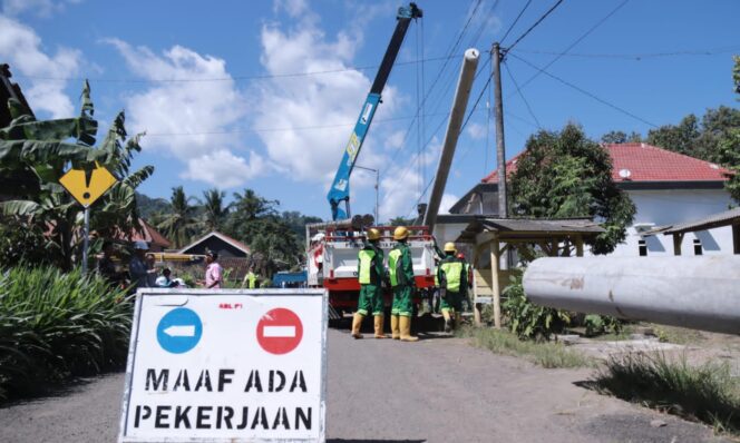 
					PEMASANGAN: Petugas PLN saat memasang tiang listrik di Dusun Bandealit, Desa Andongrejo, Kecamatan Tempurejo, Kabupaten Jember. (Foto: Dok. Diskominfo Jember)