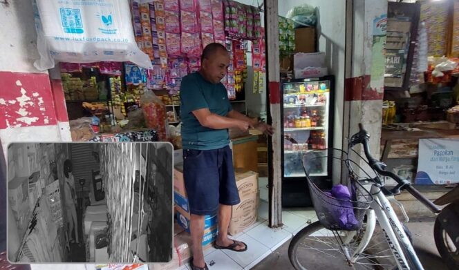 
					KEMALINGAN: Pemilik toko, Surojo, menunjukkan rolling door yang dicongkel maling di area Pasar Wonoasih, Kota Probolinggo. Insert: Rekaman CCTV pencurian. (foto: Hafiz Rozani).