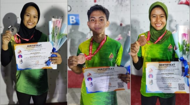 BERPRESTASI: Tiga atlet panjat tebing asal Kota Probolinggo yang mendapat medali Kejurnas Kelompok Umur (KU) di Tangerang. (foto: istimewa)