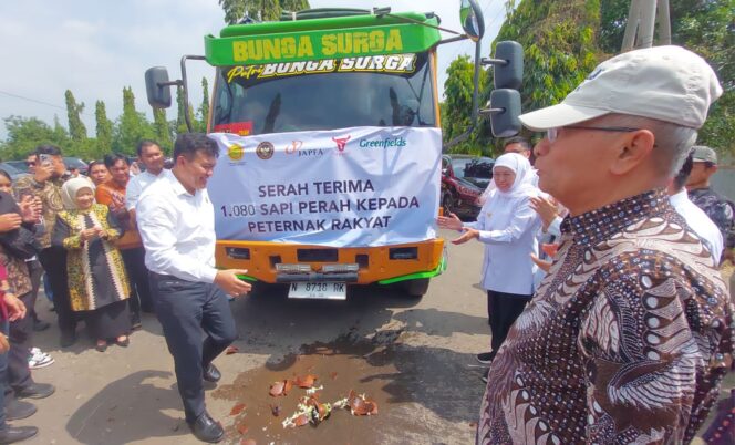 
					DILEPAS: Pelepasan truk bermuatan sapi prrah bunting oleh Gubernur Jatim dan Kementerian Pertanian RI kepada mitra peternak. (foto: Hafiz Rozani).