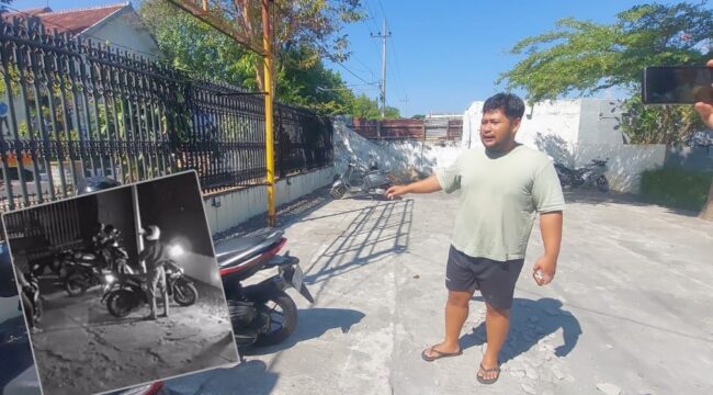 KEMALINGAN: Pengelola Cafe, Raka, saat menunjukkan tempay motor karyawannya sebelum dicuri. Insert: Rekaman CCTV saat pelaku mengeksekusi motor korban. (foto: Hafiz Rozani).