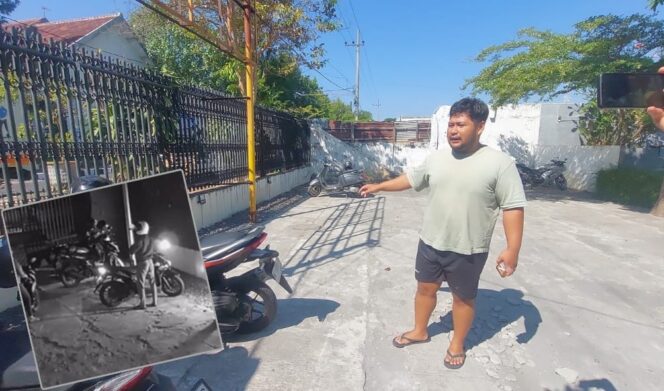 
					KEMALINGAN: Pengelola Cafe, Raka, saat menunjukkan tempay motor karyawannya sebelum dicuri. Insert: Rekaman CCTV saat pelaku mengeksekusi motor korban. (foto: Hafiz Rozani).