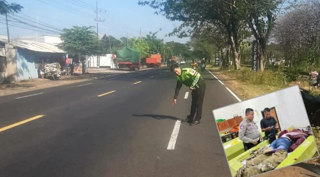 OLAH TKP: Anggota Unit Gakkum Satlantas Polres Probolinggo Kota melakukan olah TKP. Insert: Jasad korban di kamar mayat RSUD dr. Mohammad Saleh. (foto: istimewa)