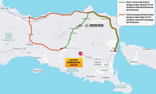 
					PETA:
Peta jalur pengganti Jember-Banyuwangi selama jalur Gumitir ditutup. (foto: M. Abd. Rozak Mubarok).