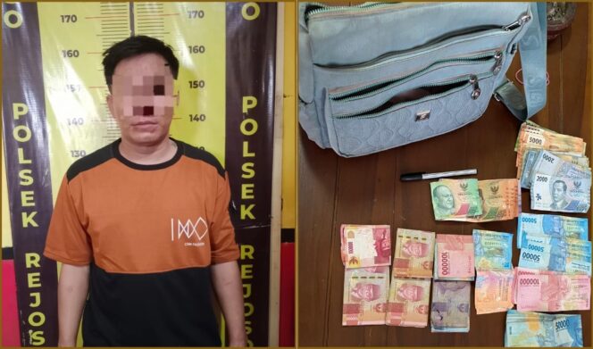 
					Terduga pelaku pencurian di Pasar Ngopak dan tas berisi uang yang dicuri. (Foto: Moh. Rois).