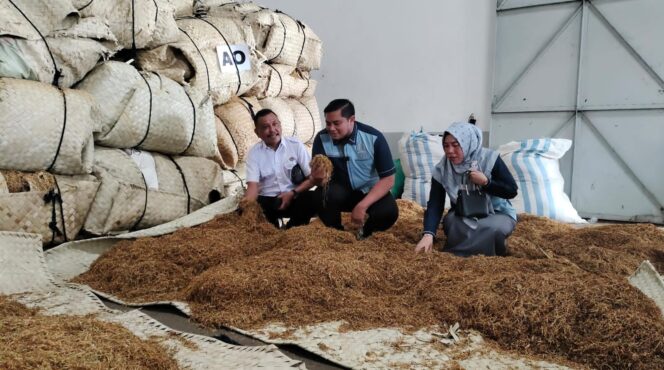 
					SIDAK: Ketua Komisi II DPRD Kabupaten Probolinggo, Reno Handoyo (tengah) saat mengecek tembakau di gudang tembakau CV. Sayap Mas Nusantara Paiton. (Foto: Ali Ya'lu).