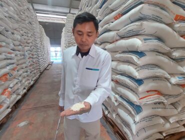 CEK: Petugas Gudang Bulog Probolinggo saat menunjukkan beras di dalam gudang. (foto: Hafiz Rozani).

