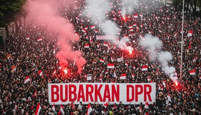 
					RICUH: Demo besar-besaran di depan Gedung DPR, Senin siang, 25 Agustus 2025, mulai diwarnai kericuhan. (Foto: IG kolakahub).
