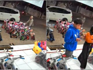 TEREKAM CCTV: Tangkapan layar rekaman CCTV saat pasutri mencuri sepeda anak di toko sepeda di Kelurahan Kraksaan Wetan, Kecamatan Kraksaan, Kabupaten Probolinggo. (foto: Ali Ya'lu).

