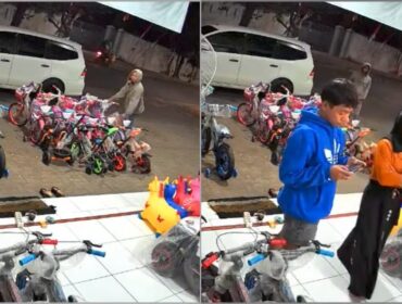TEREKAM CCTV: Tangkapan layar rekaman CCTV saat pasutri mencuri sepeda anak di toko sepeda di Kelurahan Kraksaan Wetan, Kecamatan Kraksaan, Kabupaten Probolinggo. (foto: Ali Ya'lu).
