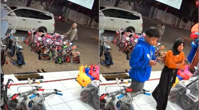 TEREKAM CCTV: Tangkapan layar rekaman CCTV saat pasutri mencuri sepeda anak di toko sepeda di Kelurahan Kraksaan Wetan, Kecamatan Kraksaan, Kabupaten Probolinggo. (foto: Ali Ya'lu).
