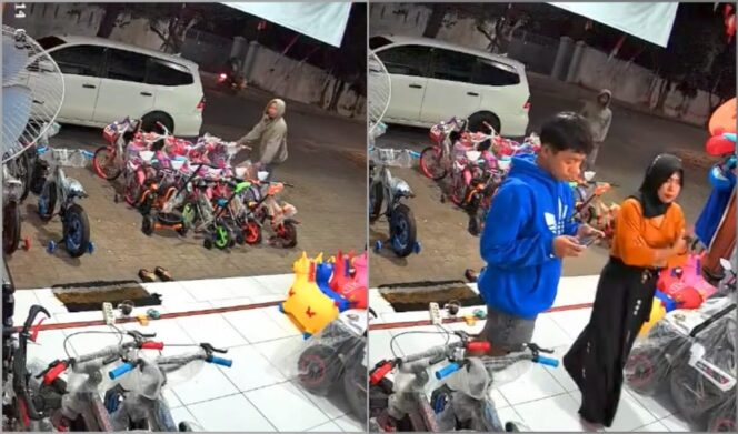 
					TEREKAM CCTV: Tangkapan layar rekaman CCTV saat pasutri mencuri sepeda anak di toko sepeda di Kelurahan Kraksaan Wetan, Kecamatan Kraksaan, Kabupaten Probolinggo. (foto: Ali Ya'lu).

