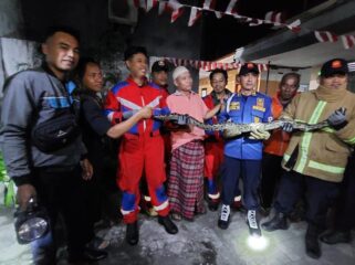 TANGKAP: Petugas Damkar Kota Probolinggo bersama ular pitor yang baru saja.ditangkap dari rumah warga. (Foto: istimewa)