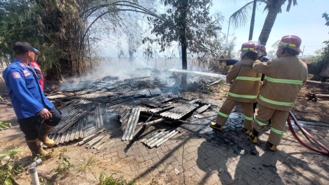 
					PEMBASAHAN: Petugas Damkar Kota Probolinggo sedang memadamkan api yang membakar warung milik Mistar. (Foto: Hafiz Rozani).