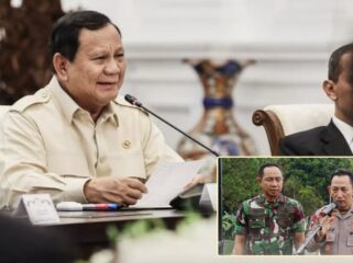 Presiden RI, Prabowo Subianto. Insert: Kapolri Jenderal Listyo Sigit Prabowo dan Panglima TNI Jenderal Agus Subiyanto. (foto: istimewa).