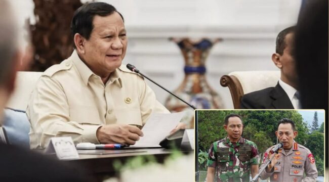 Presiden RI, Prabowo Subianto. Insert: Kapolri Jenderal Listyo Sigit Prabowo dan Panglima TNI Jenderal Agus Subiyanto. (foto: istimewa).