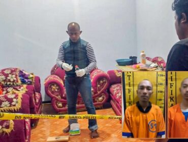 TETAPKAN TERSANGKA: Anggota Satreskrim Polres Probolinggo Kota saat menggelar olah TKP. Insert: Dua tersangka yang kini ditahan polisi. (foto: Hafiz Rozani).