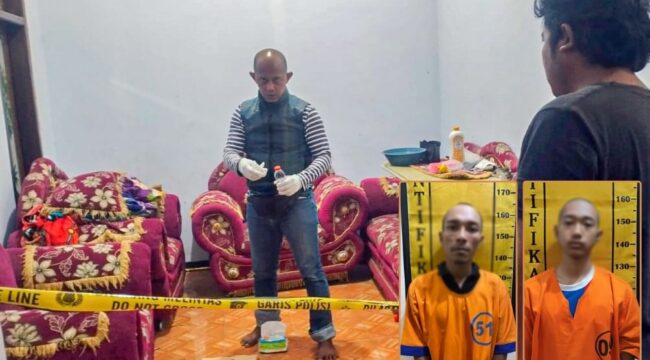 TETAPKAN TERSANGKA: Anggota Satreskrim Polres Probolinggo Kota saat menggelar olah TKP. Insert: Dua tersangka yang kini ditahan polisi. (foto: Hafiz Rozani).