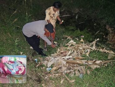 PERIKSA: Polisi ditemani warga memeriksa lokasi temuan bayi di Desa Gunung Gangsir, Kec. Beji, Kab. Pasuruan. Insert: Kondisi bayi usai dievakuasi dari lokasi. (foto: Moh. Rois).